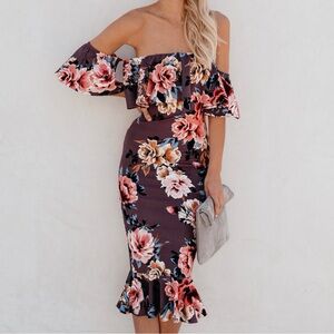 Vici Havana Burgundy Floral Ruffle Midi Dress